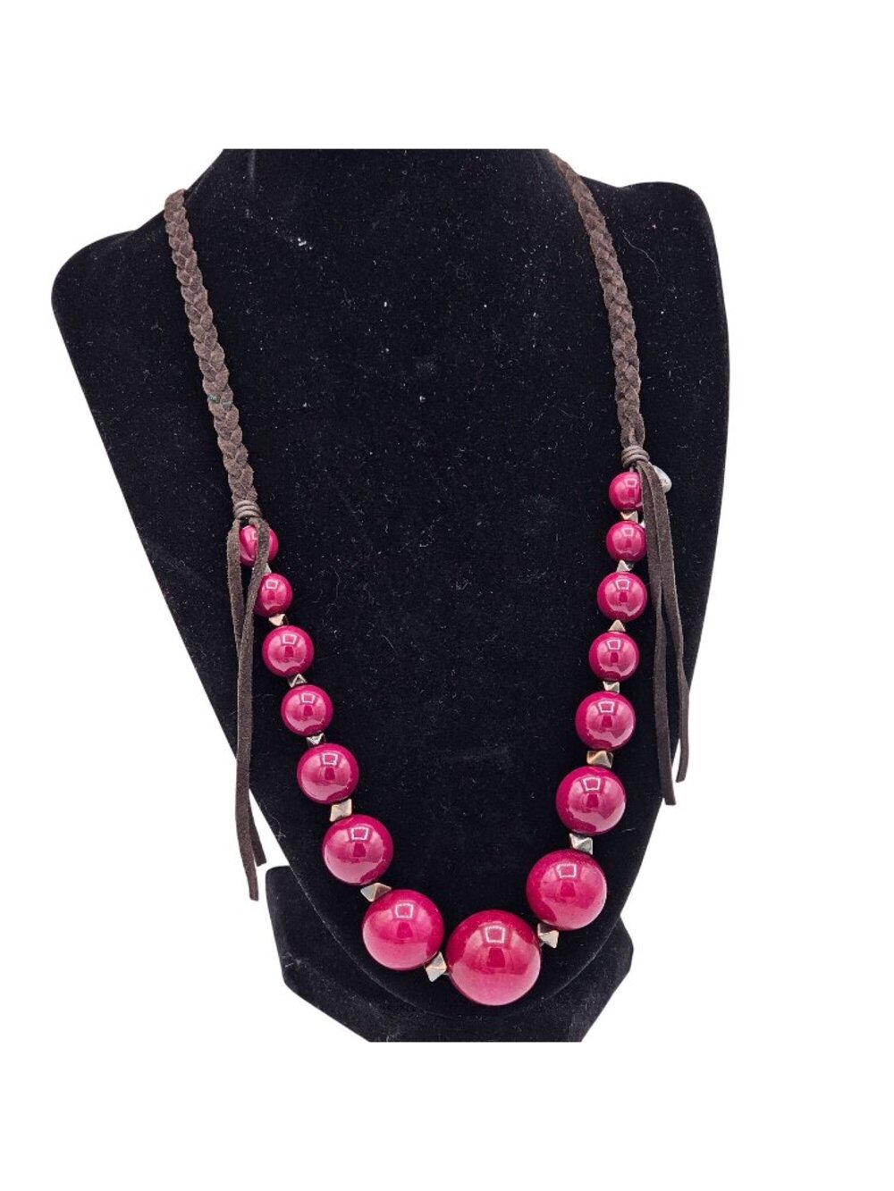 (46) Fossil Braided Brown Cord Necklace Large Pink Beads & Metal Accents